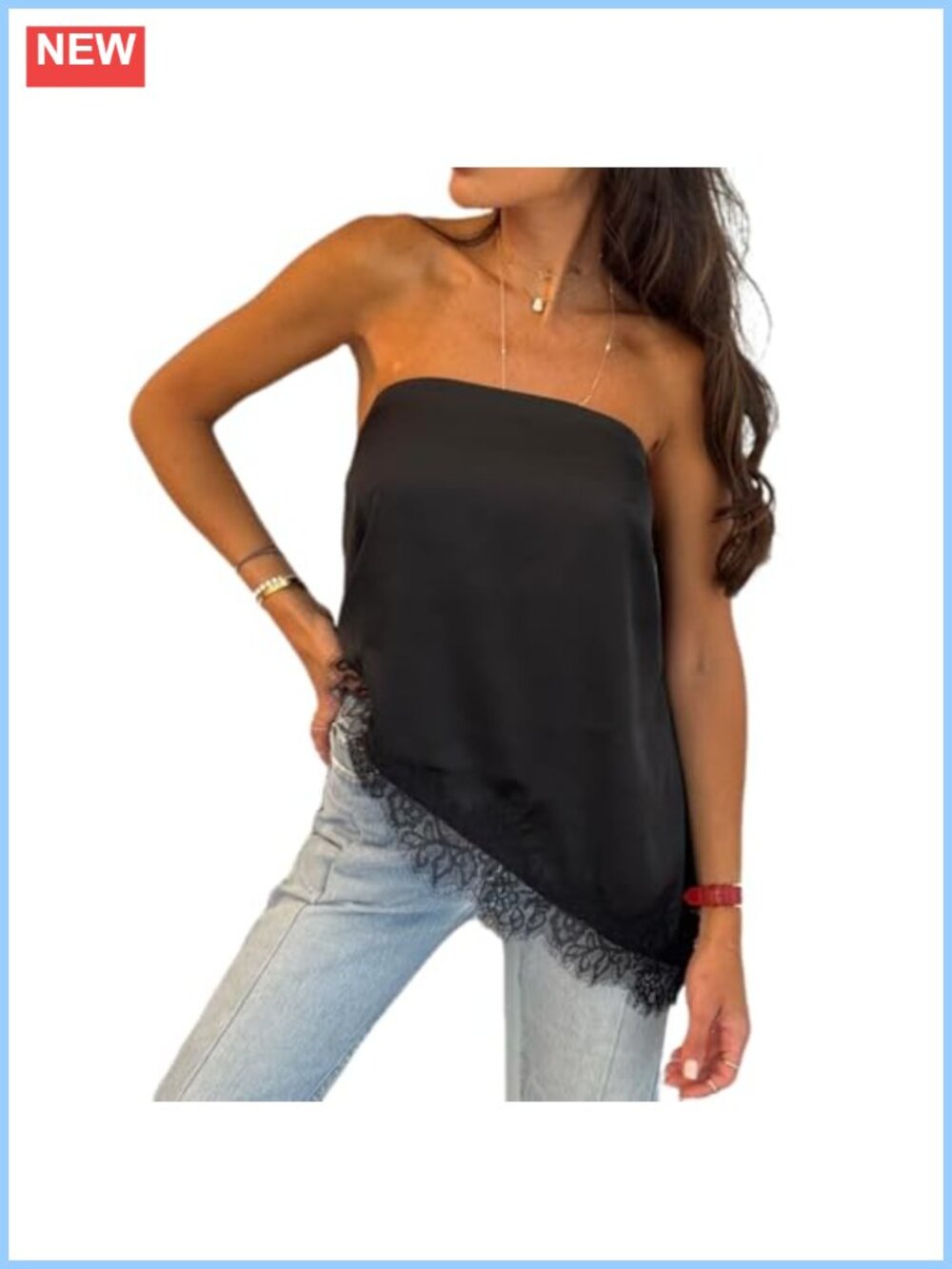 Women Satin Lace Trim Tube Top Asymmetrical Strapless Summer Crop Top